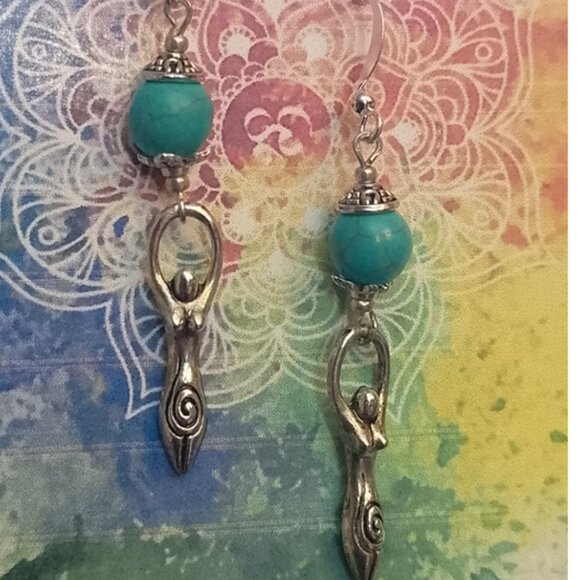 GODDESS EARRINGS,  Magnesite Turquoise, Silvery Bali-Type Accents - Picture 2 of 7